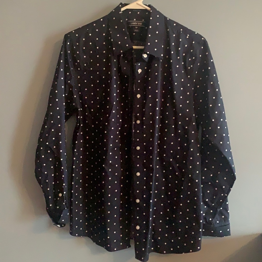 Women's No Iron Supima Cotton Long Sleeve Shirt from lands end in navy polka dot